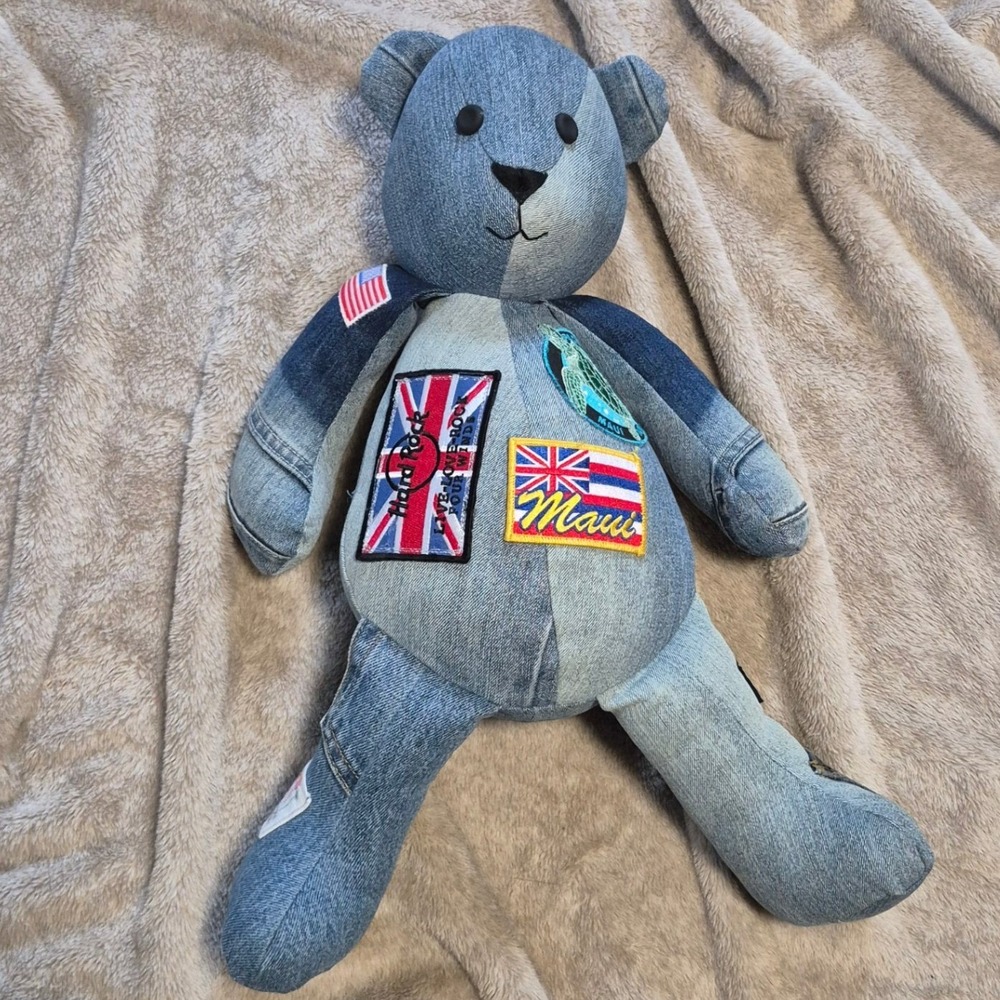 Upcycled Patchwork Denim Teddy Bear Souvenir Patches Maui Seattle Plush